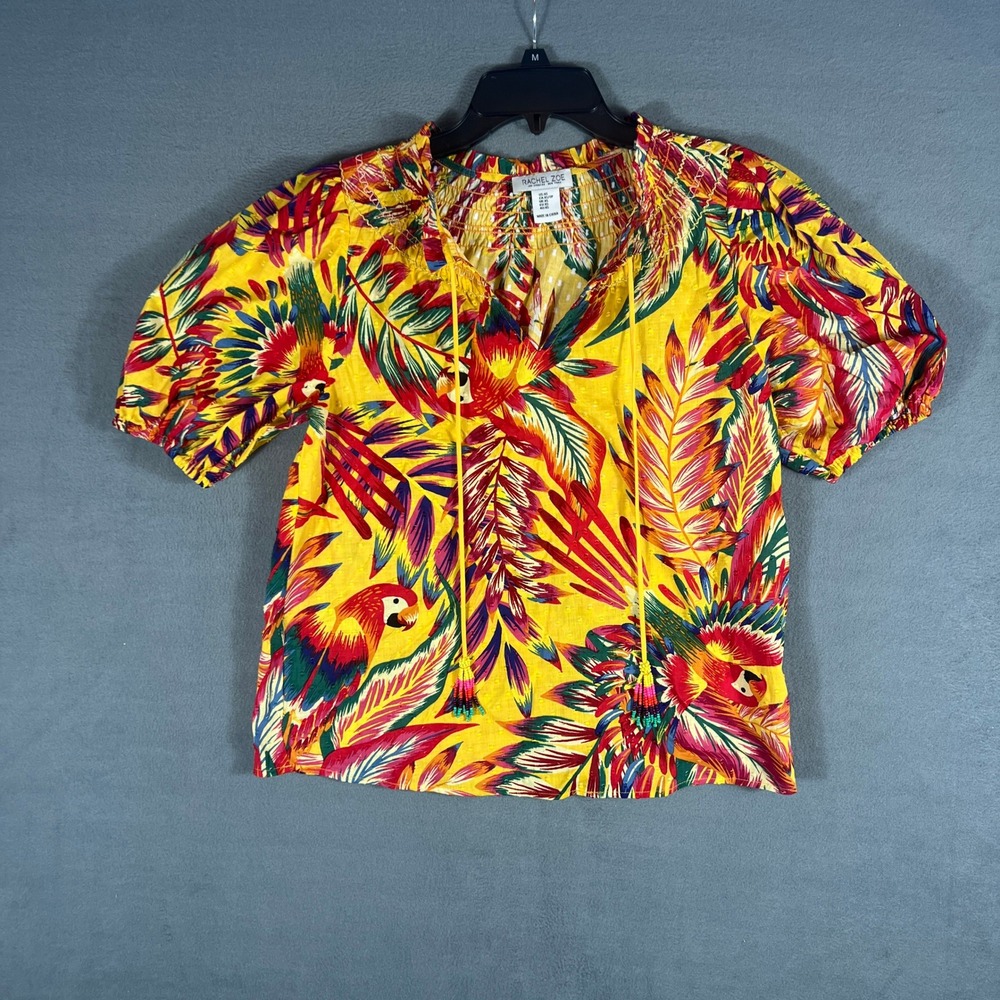Rachel Zoe Womens Blouse XS Yellow Tropical Parrot Print Smocked Puff Sleeve Top